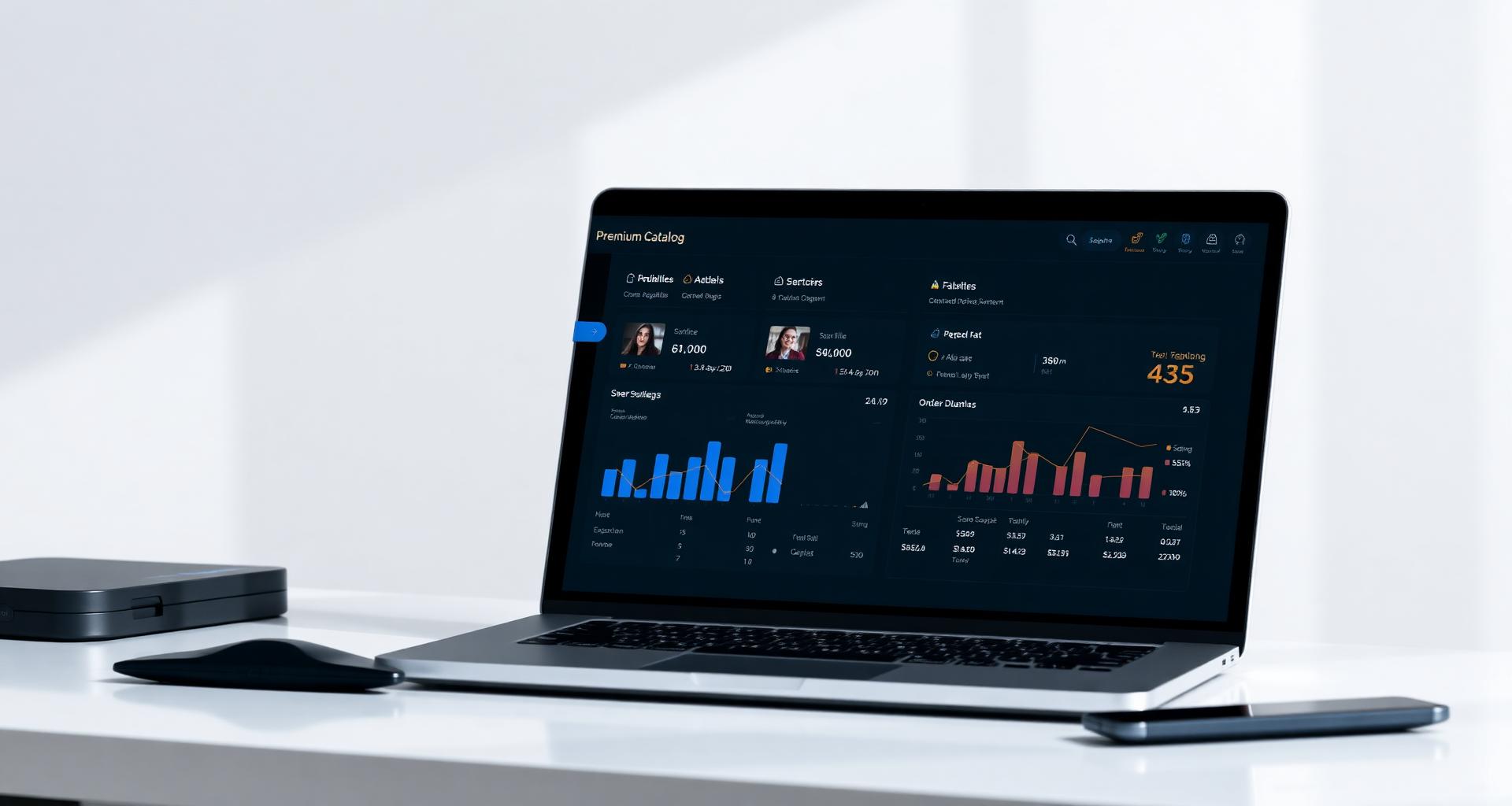 Magento eCommerce admin dashboard with catalog, sales charts and order management on a laptop