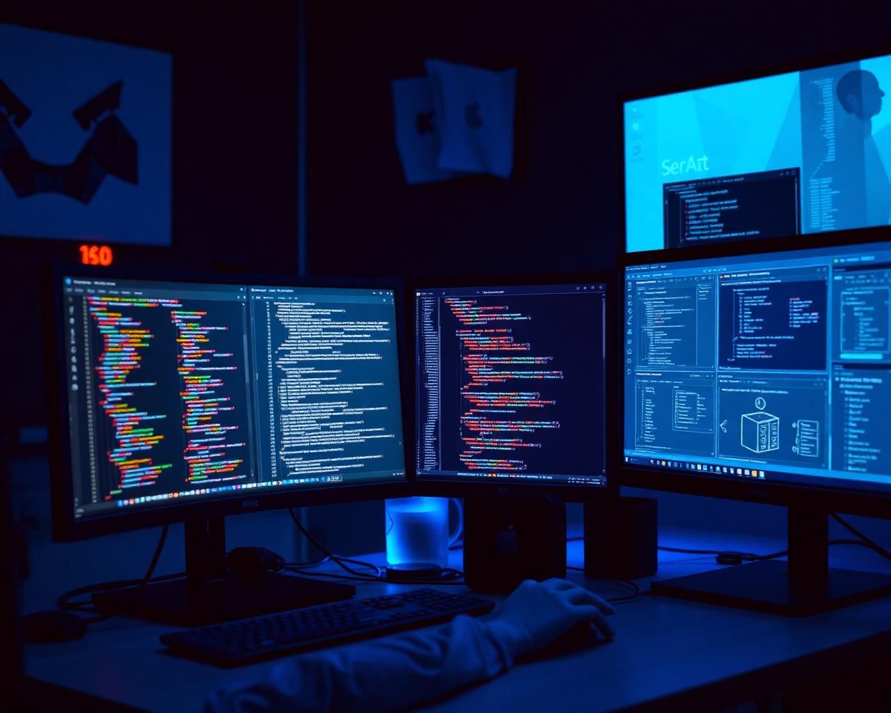 Senior developer workspace with Magento PHP code, schemas and integration panels on multiple monitors