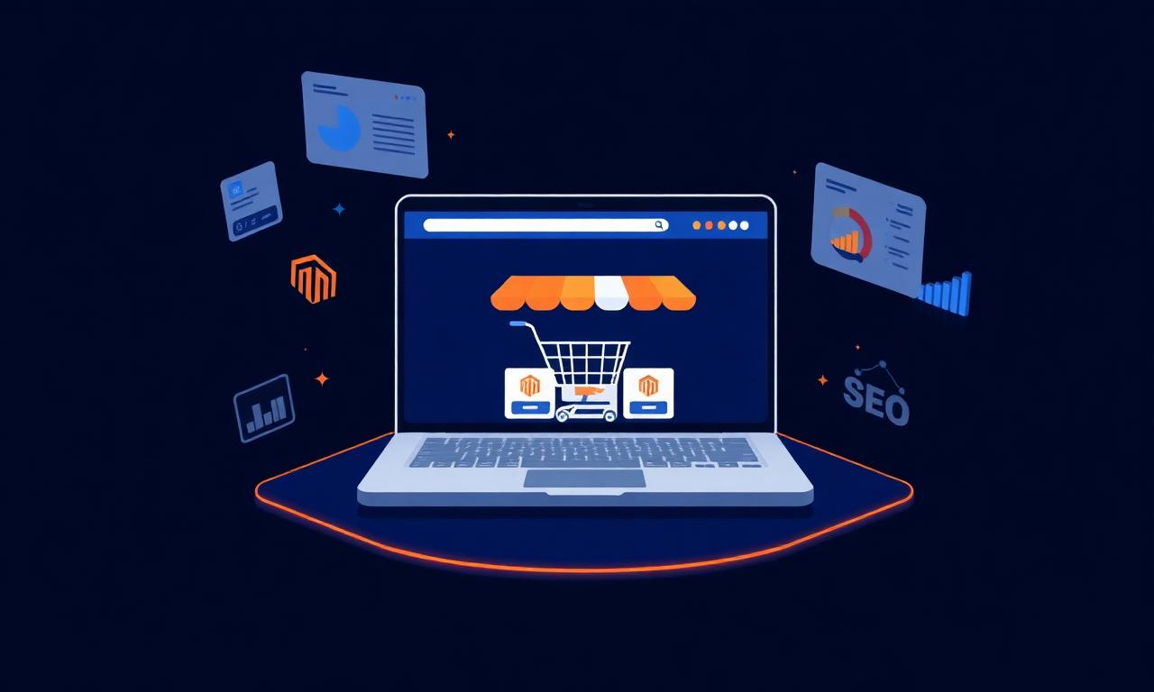 Magento ecommerce SEO dashboard with product analytics on a laptop