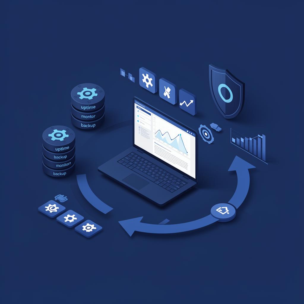 Isometric illustration of an ongoing maintenance ecosystem connecting uptime, backups, security, performance and update cycle