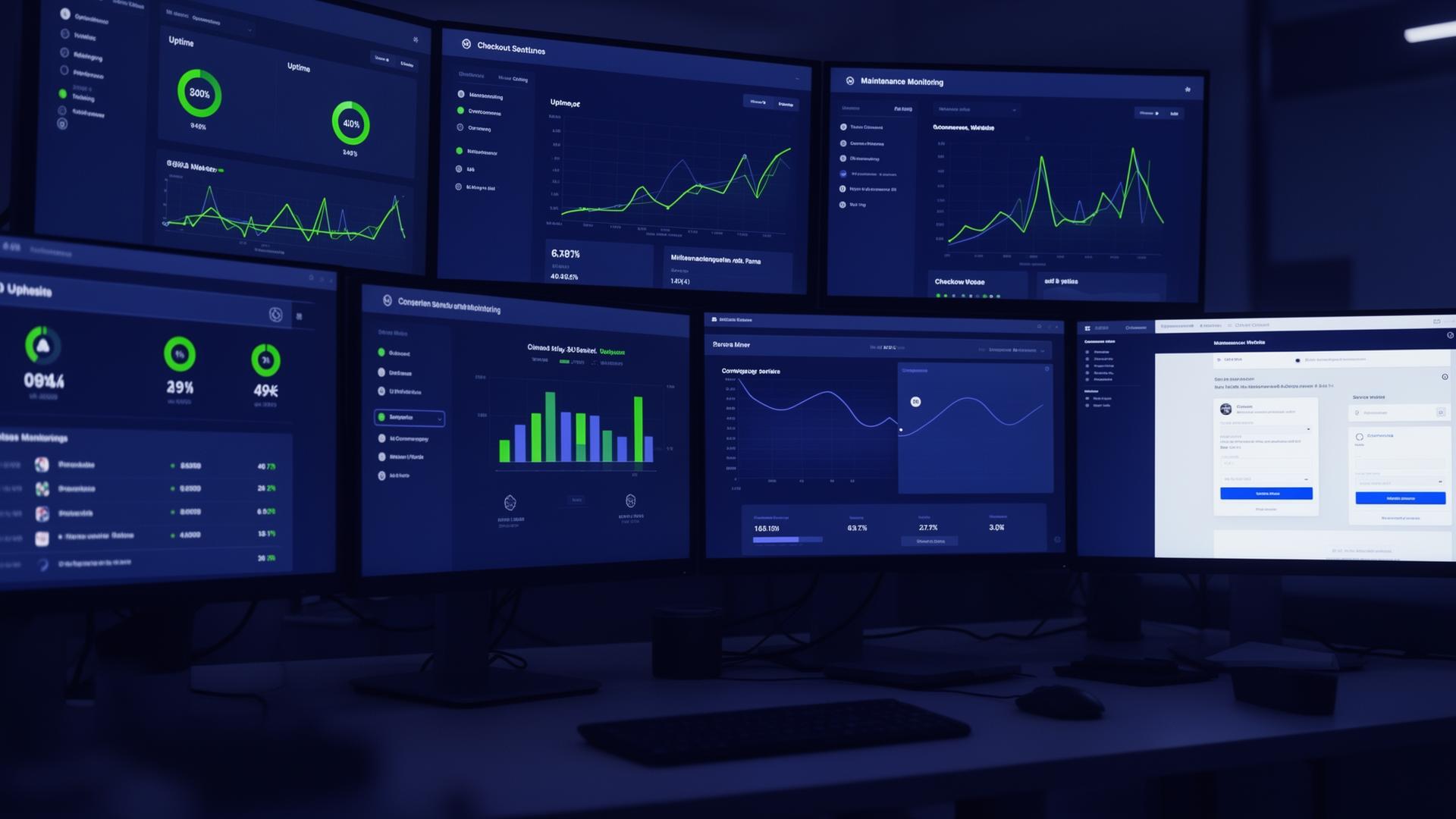 Website maintenance operations center with monitors showing uptime, performance and checkout monitoring dashboards