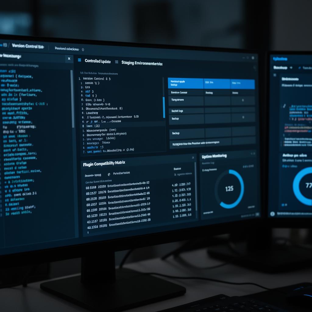 Senior developer workspace with version control, plugin compatibility matrix, backup logs and uptime monitoring