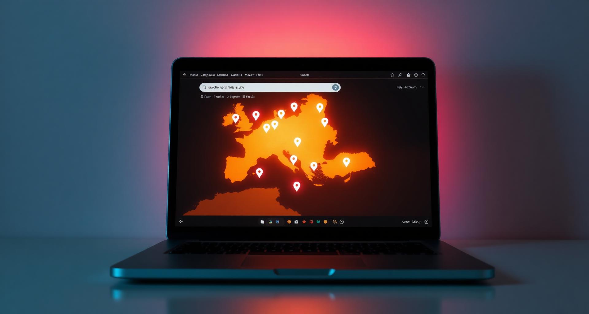 Laptop displaying a search results map covering an entire country with multiple ranking pins