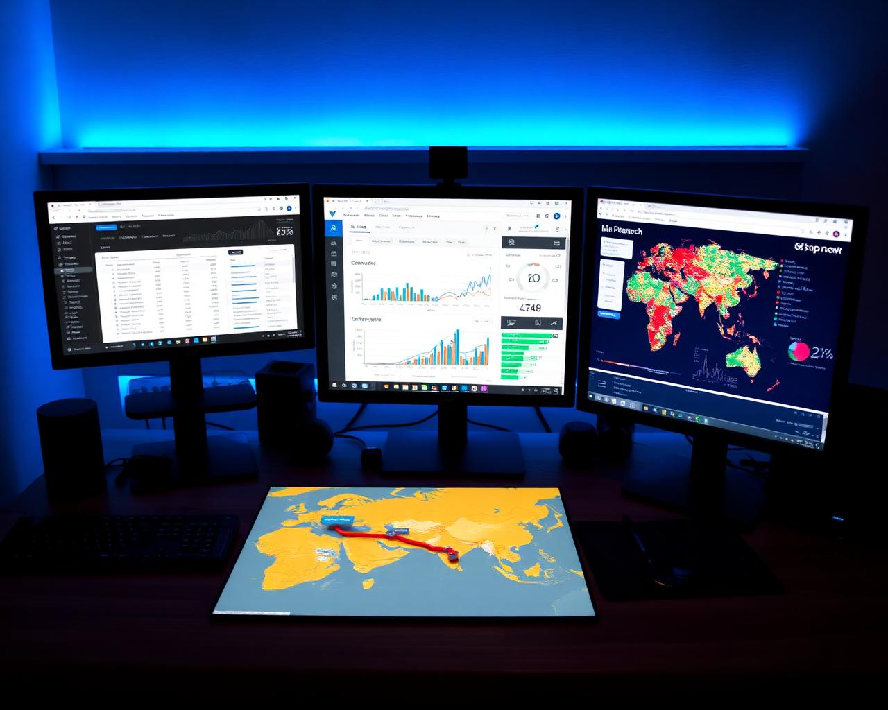 Workspace running keyword research, ranking dashboards, and a country heatmap