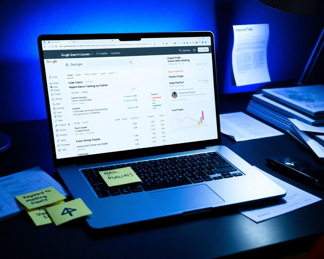 Workspace with Google Search Console indexing reports and keyword mapping notes