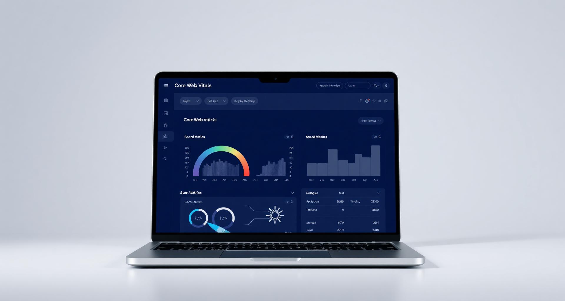 Laptop displaying a Core Web Vitals dashboard with site speed metrics