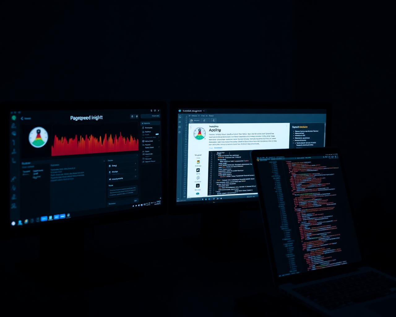 Workspace running PageSpeed Insights, Lighthouse audits and a code editor