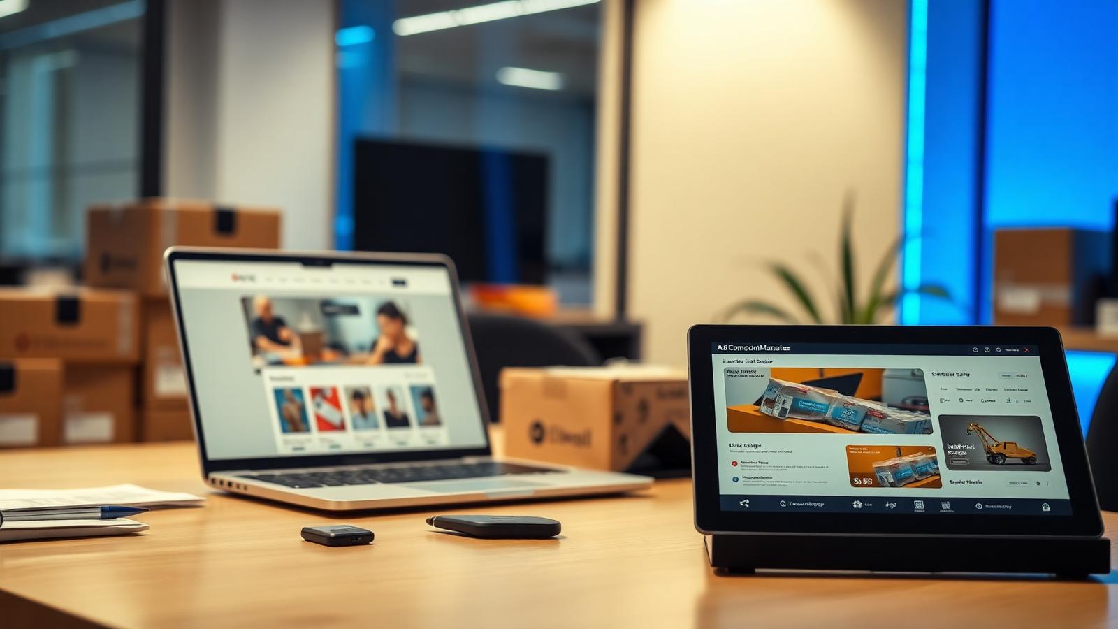 E-commerce workspace with laptop, ad campaign manager and packaged products