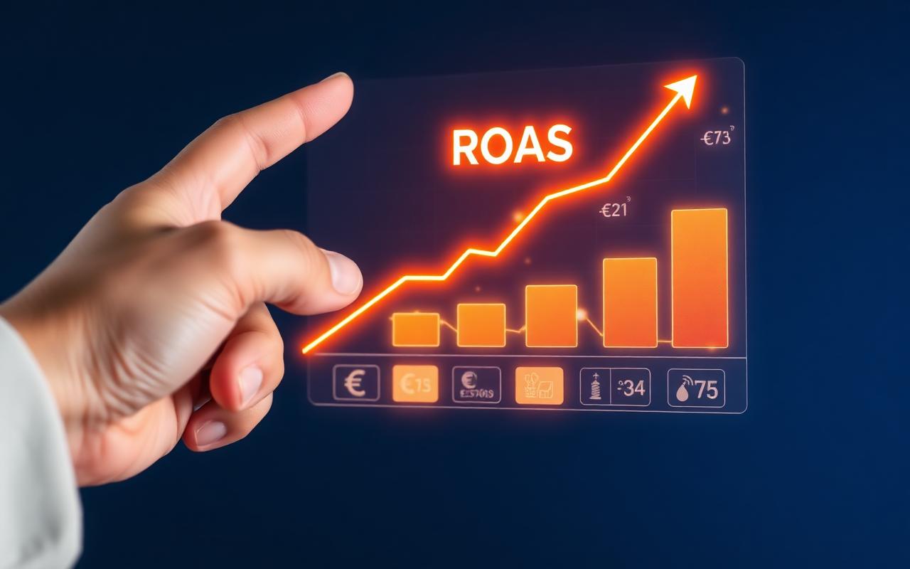 Hand pointing at a glowing ROAS chart with euro icons and product tiles