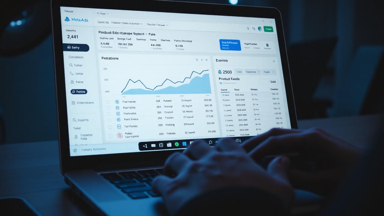 Laptop displaying a Meta Ads / Google Ads cross-platform e-commerce dashboard