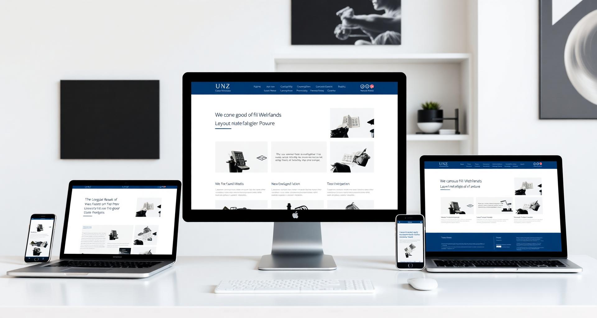 The same website displayed across desktop, laptop, tablet and smartphone, layouts adapting to each screen
