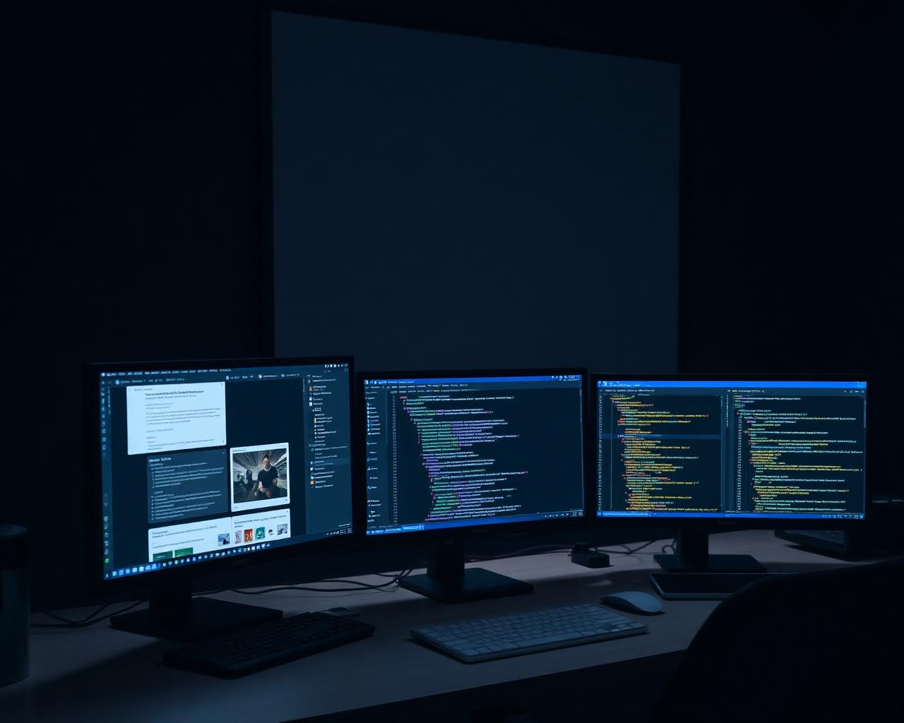 Developer workspace with multiple monitors showing responsive breakpoints and device emulation