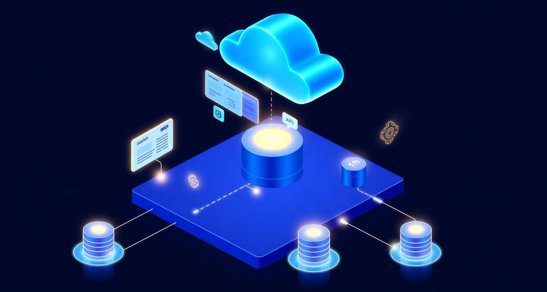 Custom SaaS platform architecture connecting cloud infrastructure, dashboards, APIs and databases