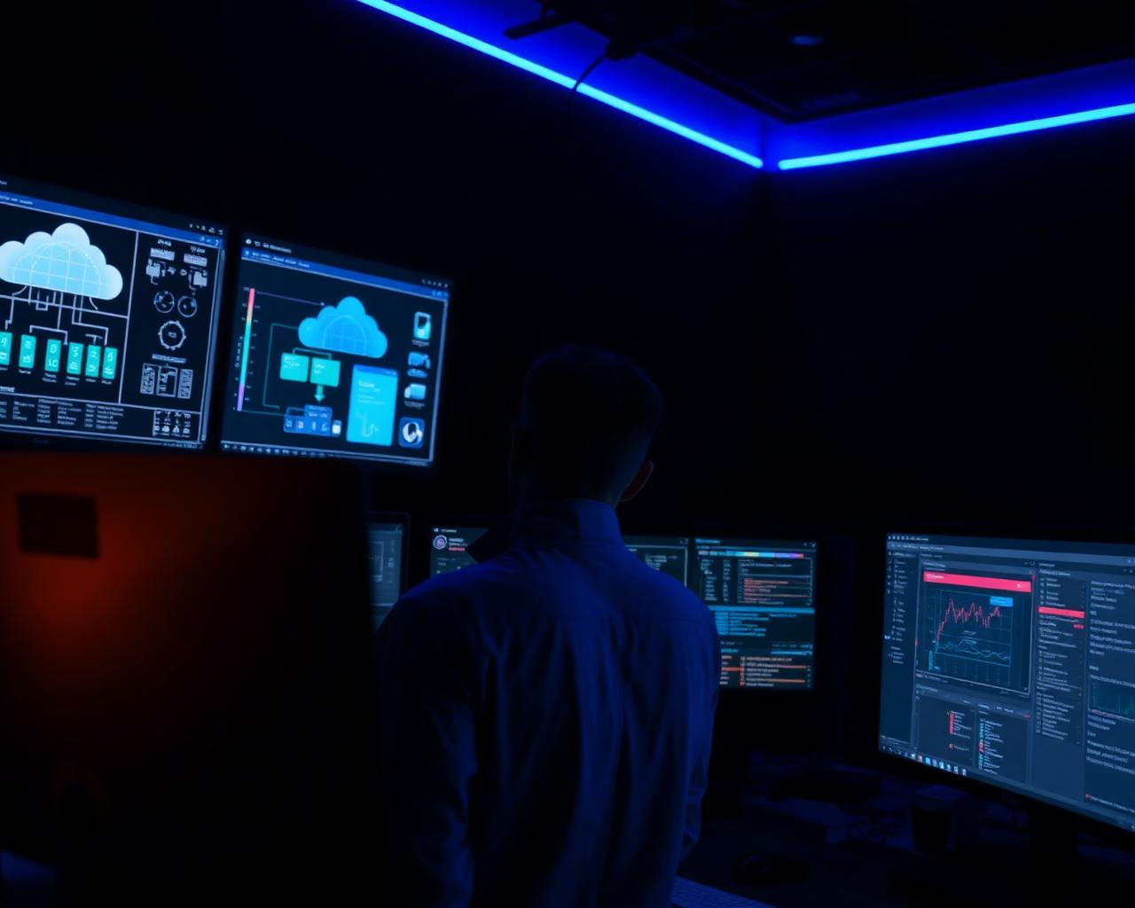 Engineer reviewing SaaS cloud infrastructure, microservices and database performance dashboards