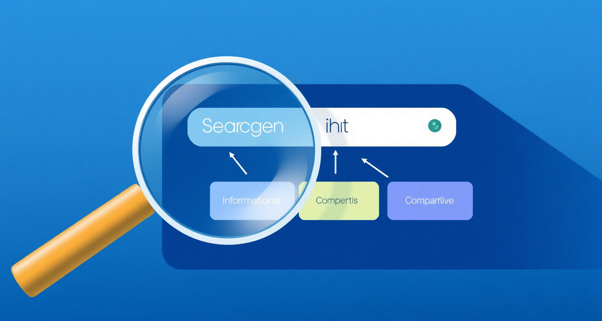 Magnifying glass over a search bar revealing different intent categories — informational, transactional, comparative