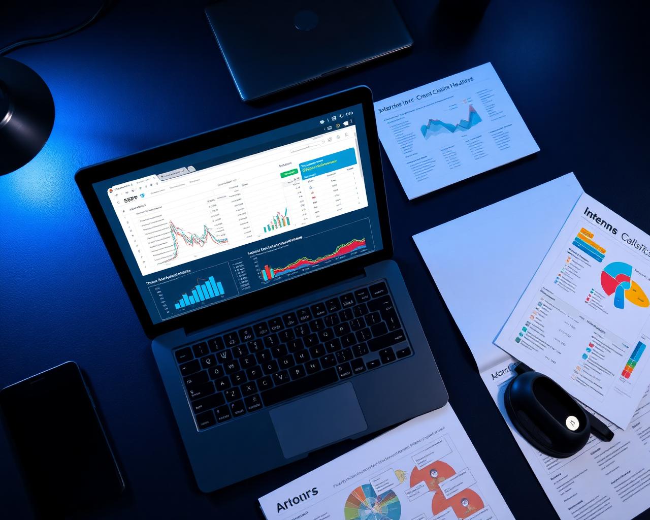 Workspace with SERP analysis dashboards, keyword clustering charts and intent classification reports