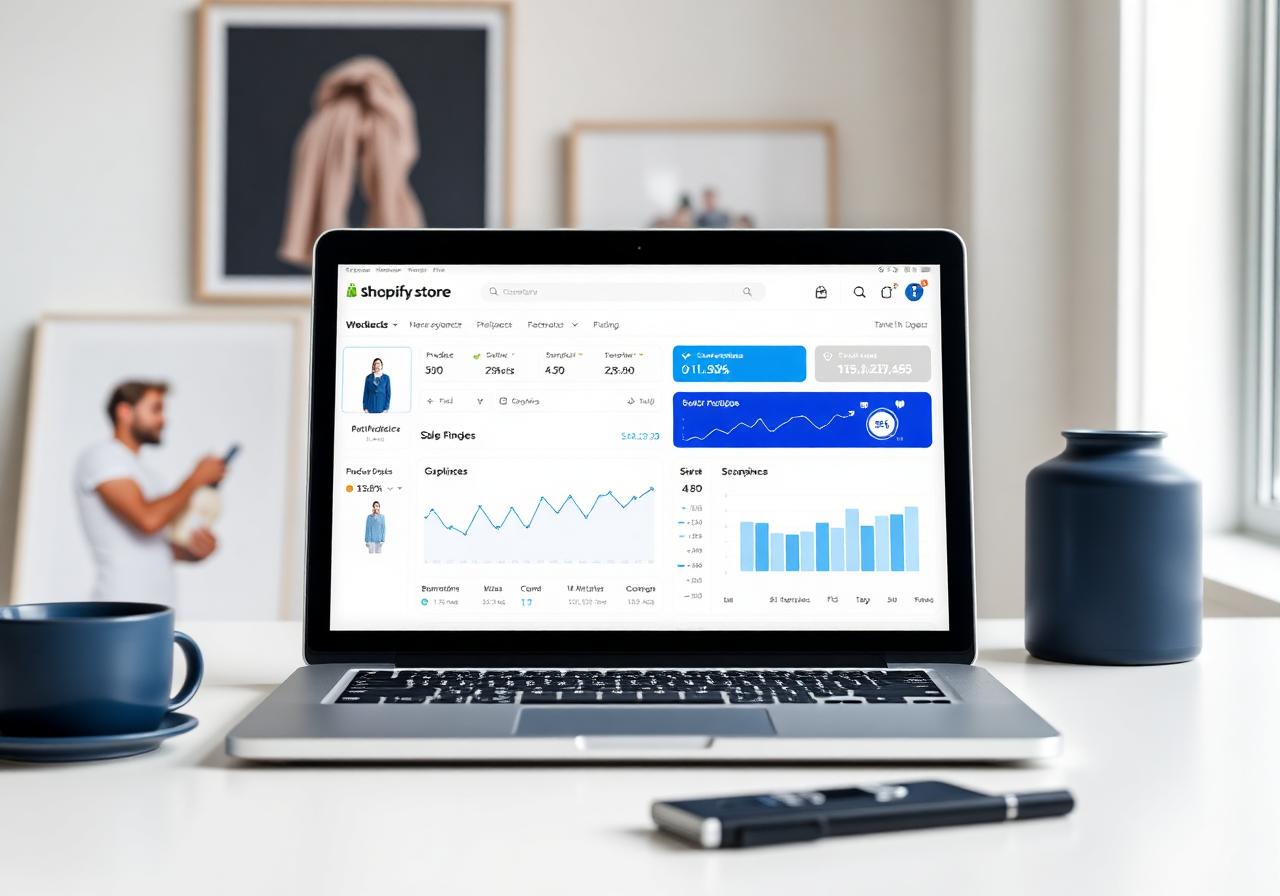 Shopify SEO dashboard with product analytics on a laptop