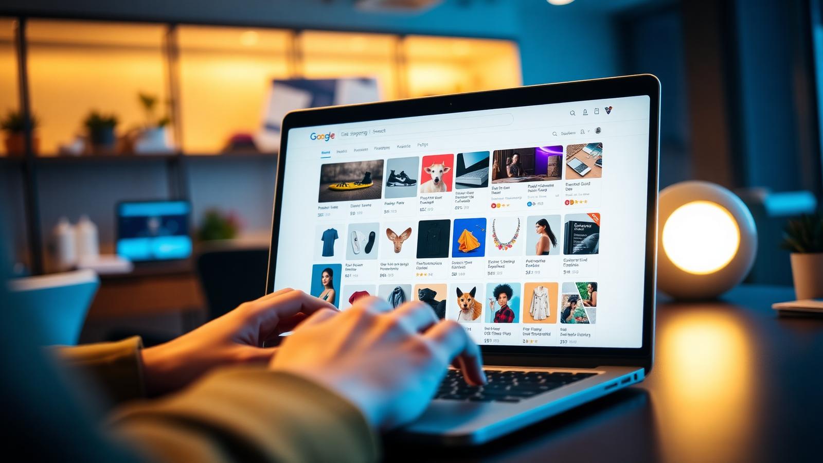 Laptop showing a Google Shopping product grid with multiple product tiles