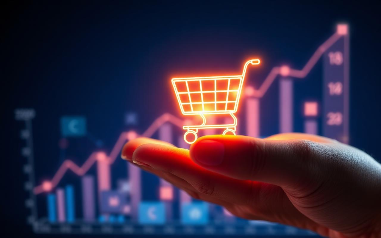 Hand holding a glowing shopping cart over a revenue growth chart