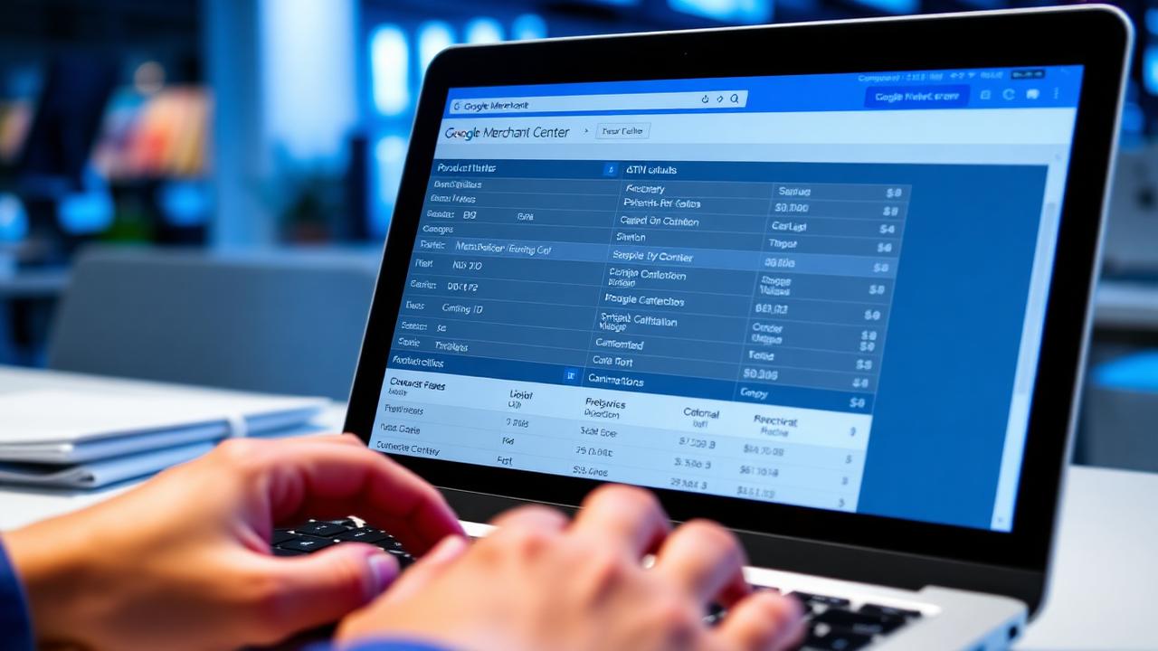 Laptop showing a Google Merchant Center product feed with attributes and pricing