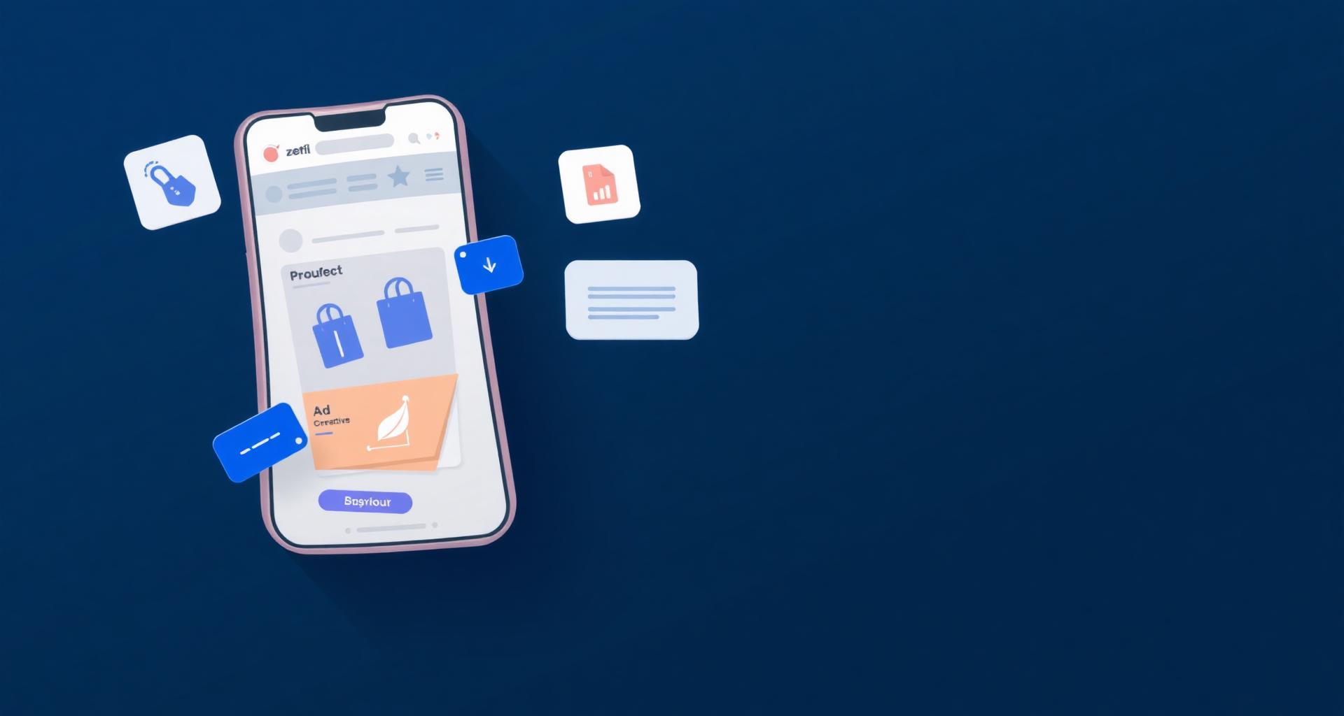 Paid social ecommerce concept with smartphone product feed and floating UI cards