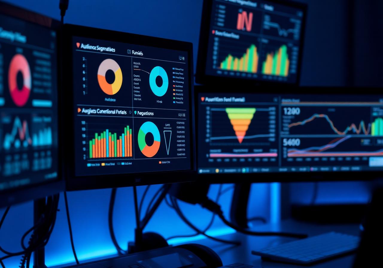 Paid social growth analytics across multiple monitors showing audience and funnel data