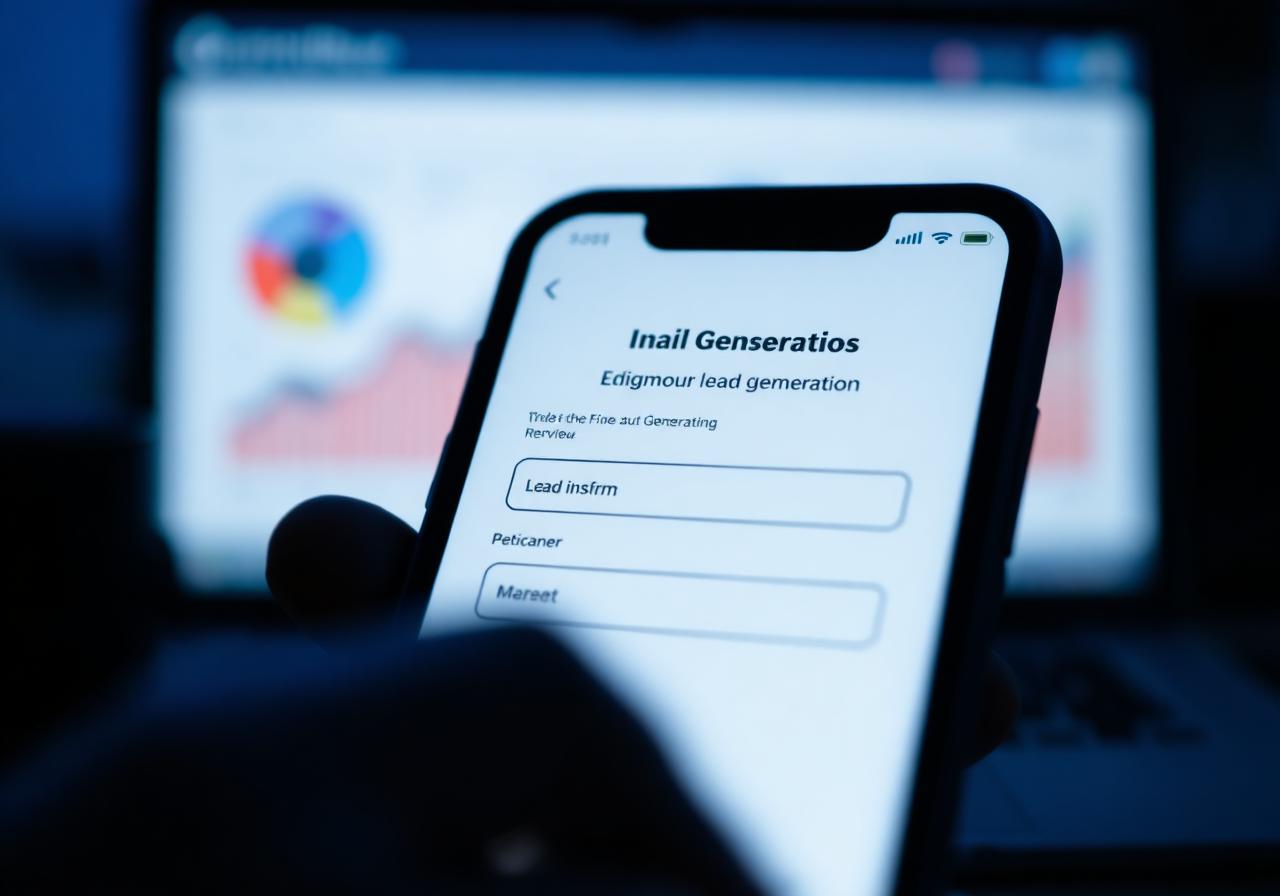 Smartphone showing in-app lead generation form with analytics in background