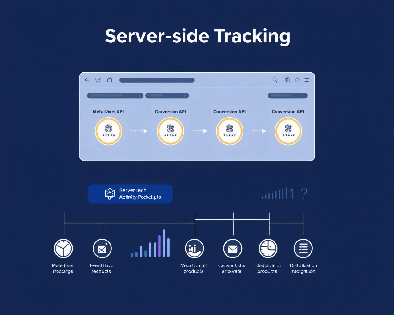 Server-side tracking architecture showing Meta Pixel, Conversion API, attribution flow and deduplication
