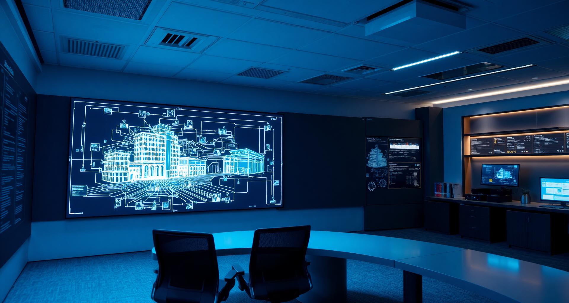 Strategic technology audit room with a holographic blueprint of interconnected business systems