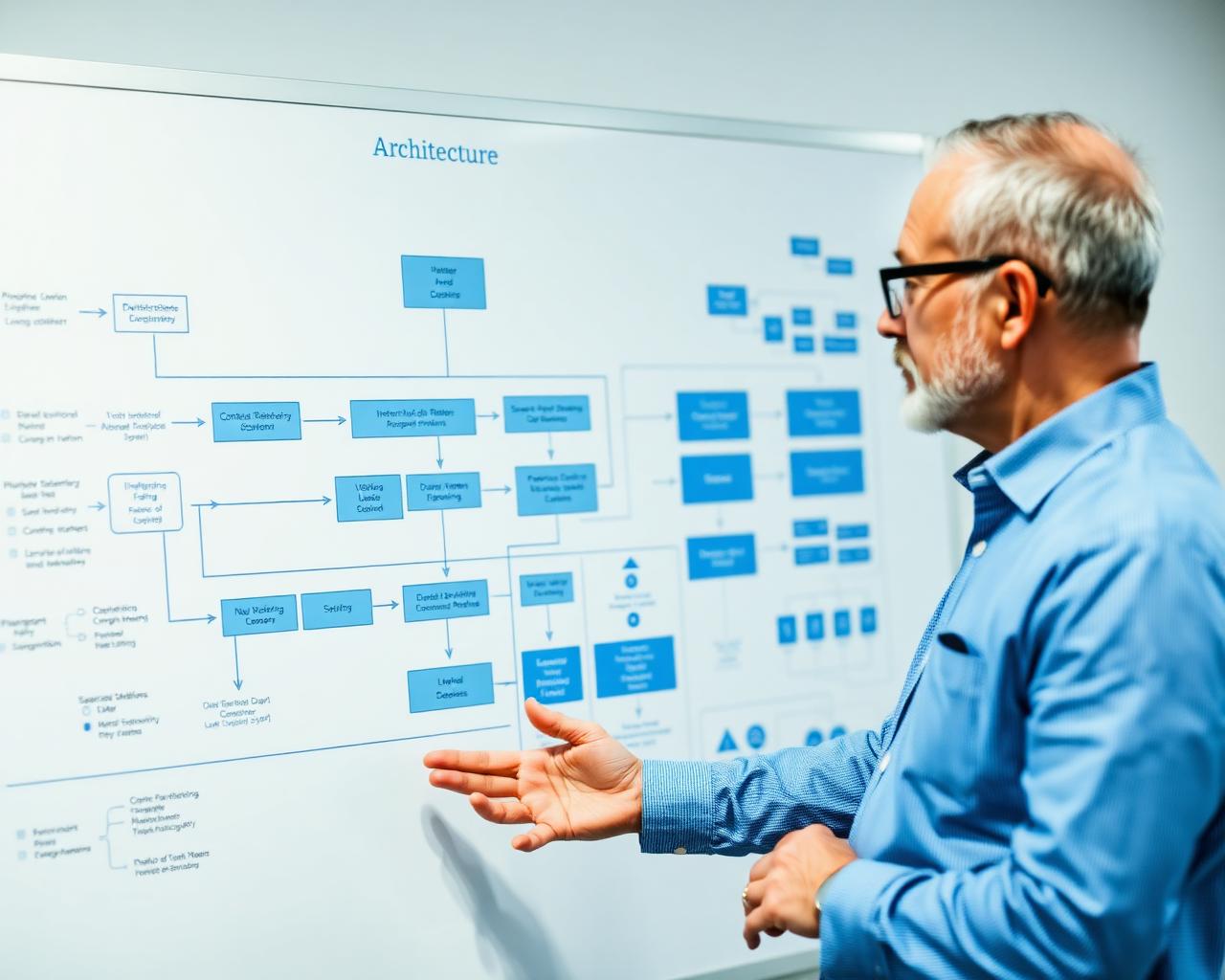 Senior consultant analyzing a system architecture diagram with integrations and data flows