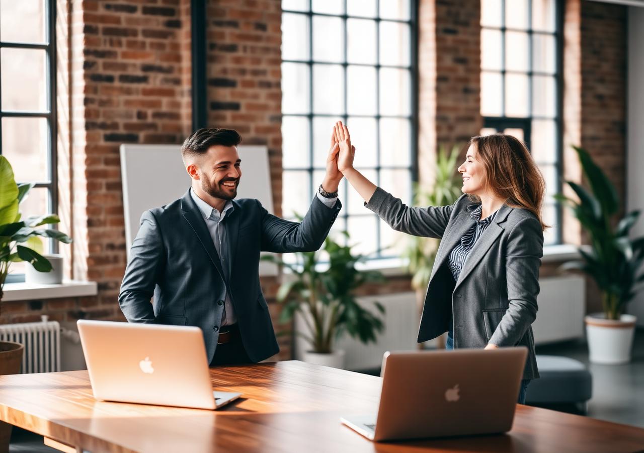 Business team celebrating SEO results in a modern office