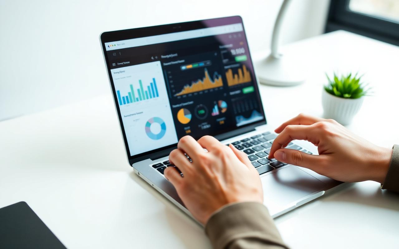 Hands typing on a laptop with analytics dashboard - technical SEO
