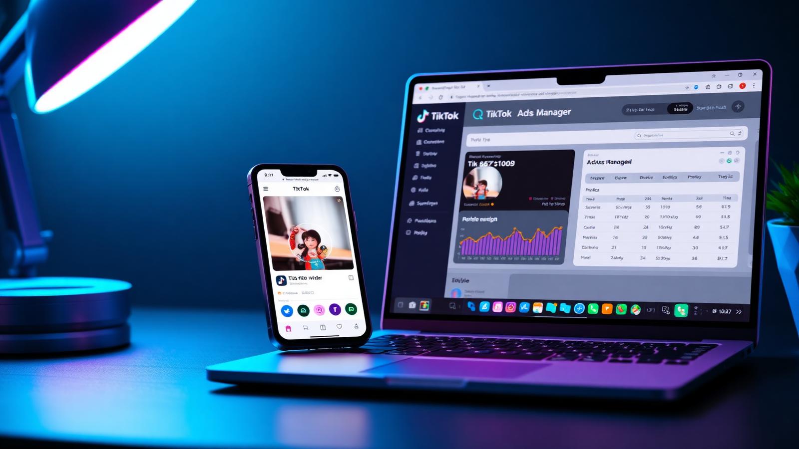 Smartphone with TikTok feed and laptop showing TikTok Ads Manager dashboard