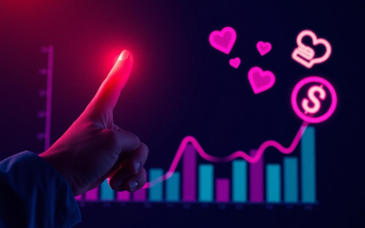 Hand pointing at a glowing rising chart with hearts, shares and revenue icons