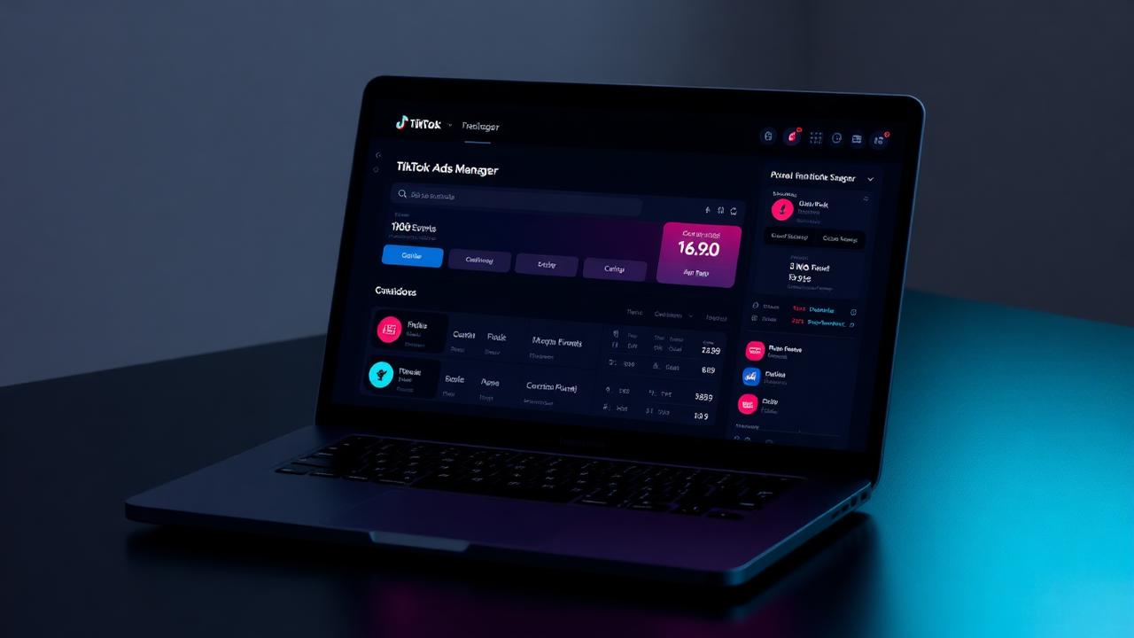 Laptop displaying TikTok Ads Manager with pixel events and conversion funnel