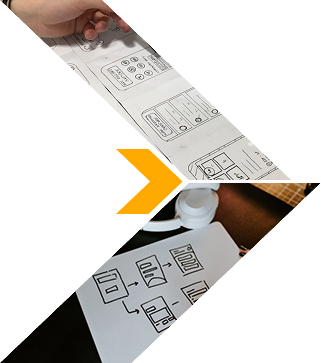 Paper wireframes with arrow