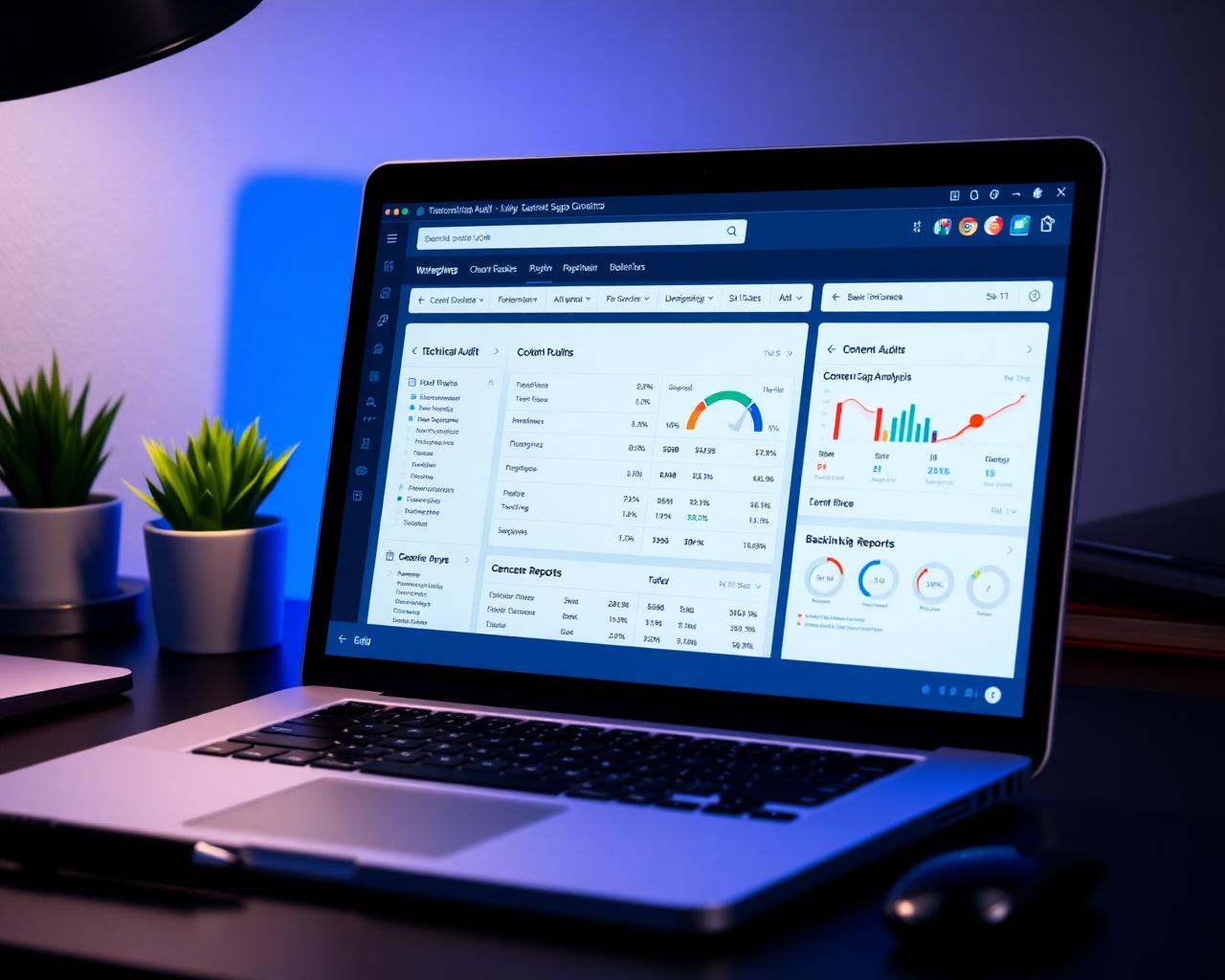 Workspace with SEMrush dashboards showing technical audits, content gap analysis and backlink reports
