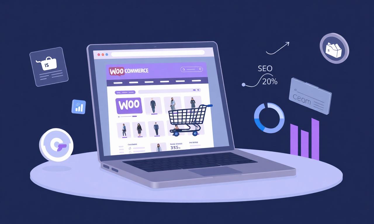 WooCommerce ecommerce SEO dashboard with product analytics on a laptop