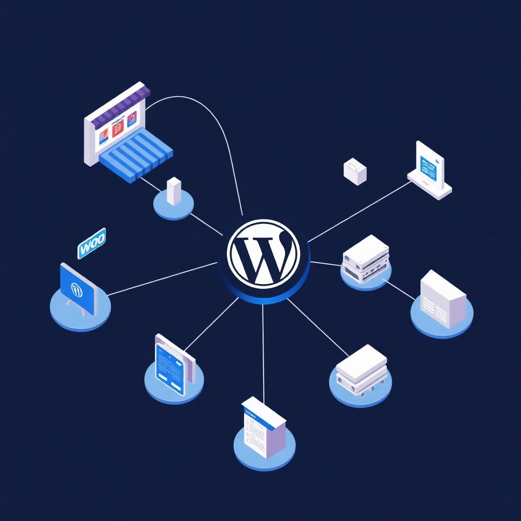 Isometric illustration of a WordPress ecommerce ecosystem connecting storefront, plugins, payments, shipping and inventory