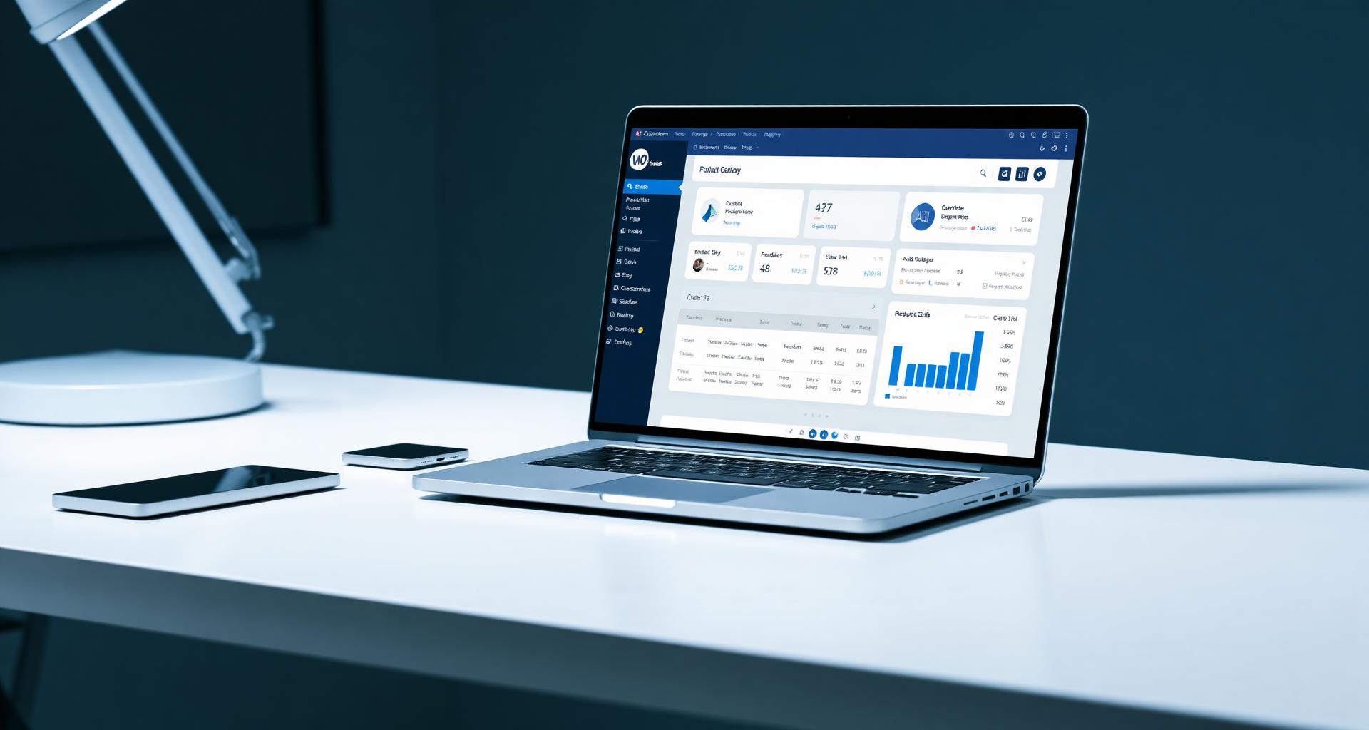 WordPress WooCommerce admin dashboard with catalog, sales charts and order management on a laptop