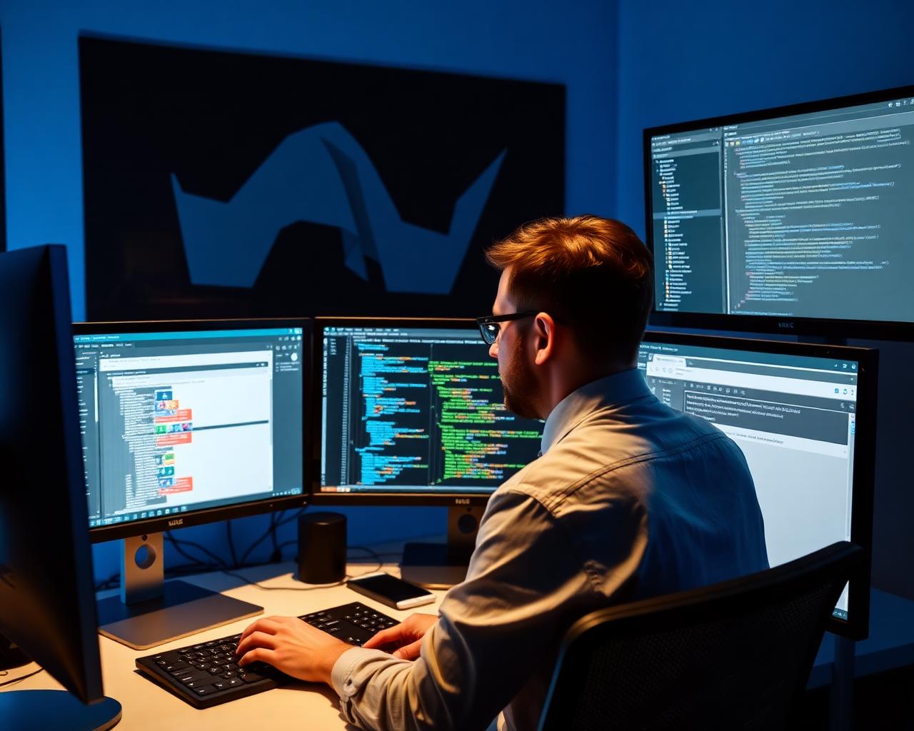 Senior developer workspace with WordPress code editor, database tables and plugin compatibility panels