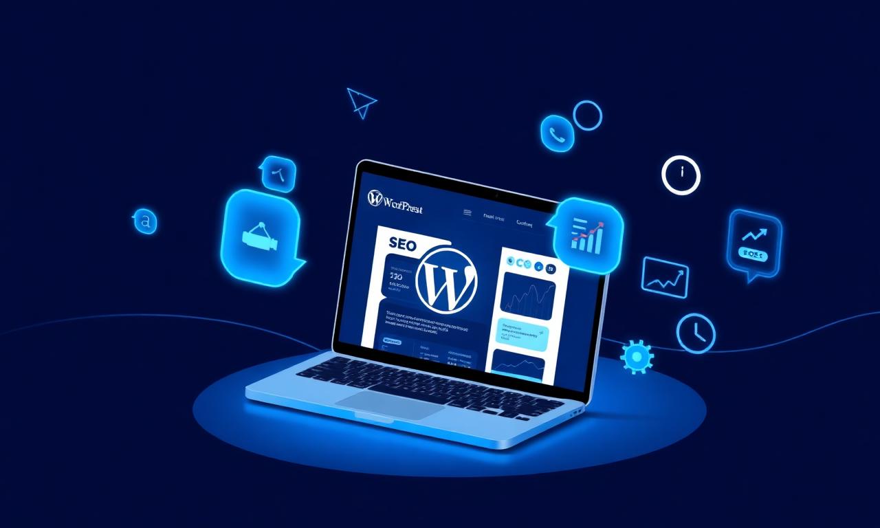 WordPress SEO dashboard with performance graphs on a laptop